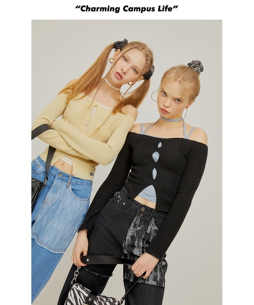 CRANK（クランク）の「『CRANK/クランク』KNIT SLIT OFF SHOULDER/ニットスリット オフショルダー（ニット/セーター・レディース・ピンク/ブラック/イエロー/アイボリー・FREE）」の9枚目の写真