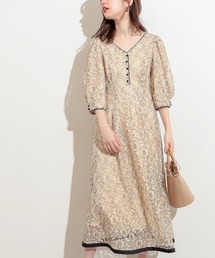 natural couture | 袖口パイピング7分袖レースワンピース(ワンピース)