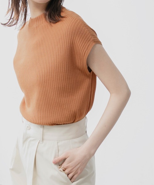 BONLECILL（ボンルシール）の「モックネック フレンチスリーブ サマーリブニットトップス（ニット/セーター・レディース・ブラウン/オフホワイト/オレンジ/ブルー・FREE）」の4枚目の写真
