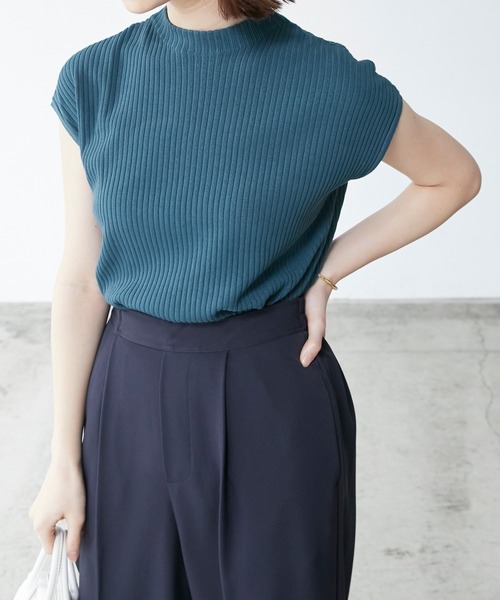 BONLECILL（ボンルシール）の「モックネック フレンチスリーブ サマーリブニットトップス（ニット/セーター・レディース・ブラウン/オフホワイト/オレンジ/ブルー・FREE）」の3枚目の写真