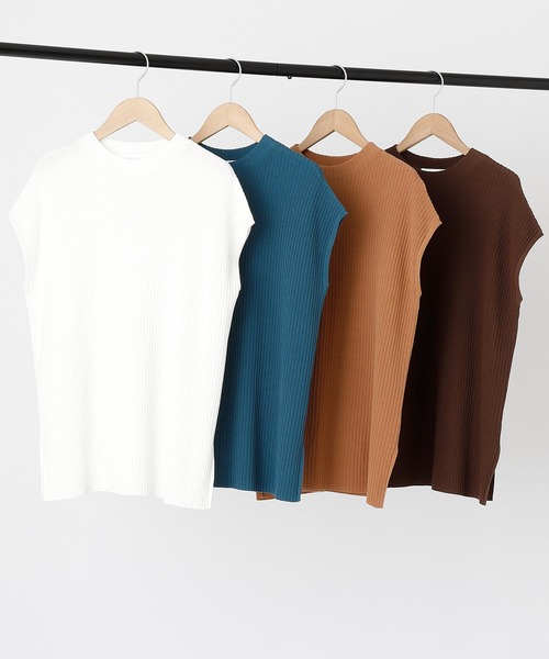 BONLECILL（ボンルシール）の「モックネック フレンチスリーブ サマーリブニットトップス（ニット/セーター・レディース・ブラウン/オフホワイト/オレンジ/ブルー・FREE）」の5枚目の写真