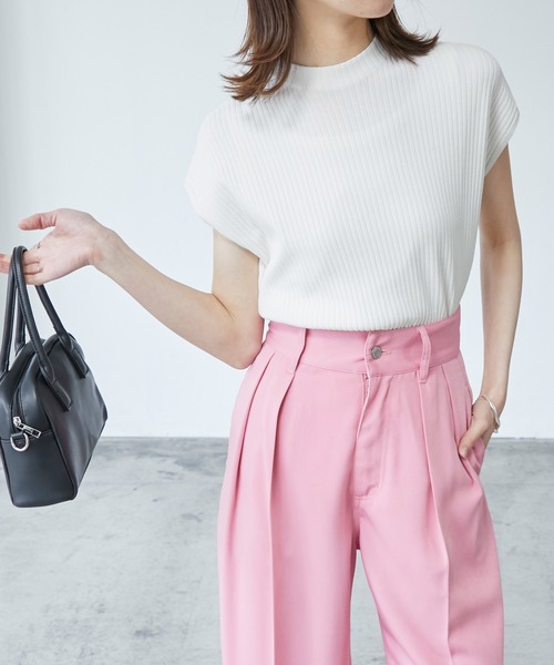 BONLECILL（ボンルシール）の「モックネック フレンチスリーブ サマーリブニットトップス（ニット/セーター・レディース・ブラウン/オフホワイト/オレンジ/ブルー・FREE）」の13枚目の写真