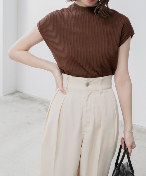 BONLECILL（ボンルシール）の「モックネック フレンチスリーブ サマーリブニットトップス（ニット/セーター・レディース・ブラウン/オフホワイト/オレンジ/ブルー・FREE）」の20枚目の写真