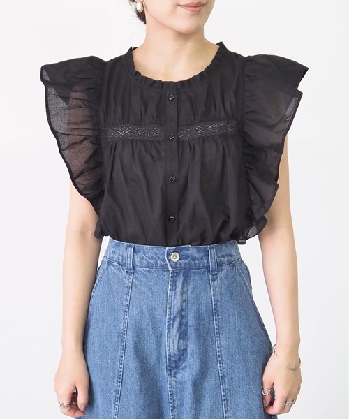 Riberry(リベリー)の「レース切替ラッフルノースリブラウス(シャツ/ブラウス・レディース・ブラック/オフホワイト・MEDIUM)」の14枚目の写真