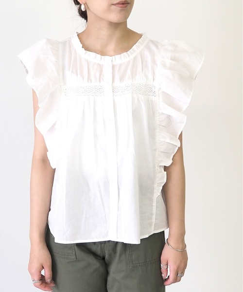 Riberry(リベリー)の「レース切替ラッフルノースリブラウス(シャツ/ブラウス・レディース・ブラック/オフホワイト・MEDIUM)」の3枚目の写真