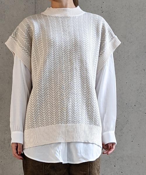 Per sist ence（パーシエンス）の「Per sist ence/パーシエンス　 アクリルへリンボーンニットベスト "ノーカラーシャツセット"（ベスト・レディース・グレー/モカ/オリーブ・FREE）」の9枚目の写真