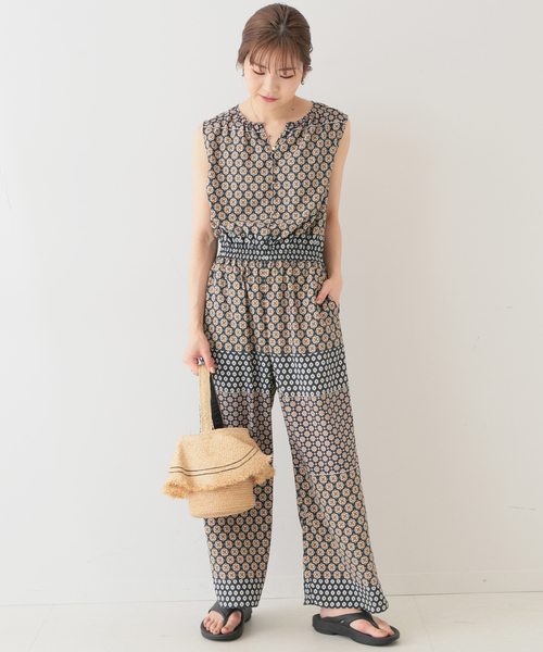 美品☆SLOBE IENA パネルパターンノースリーブオールインワン　ネイビー セール】パネルパターンノースリーブオールインワン◇（つなぎ
