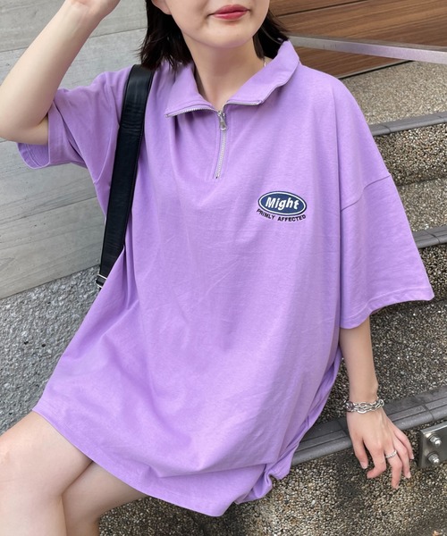 WEGO（ウィゴー）の「WEGO/刺繍ロゴハーフジップBIGT（Tシャツ/カットソー・レディース・ダークグリーン/オートミール/ライトパープル・FREE）」の3枚目の写真