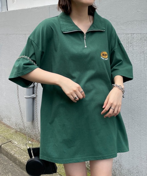 WEGO（ウィゴー）の「WEGO/刺繍ロゴハーフジップBIGT（Tシャツ/カットソー・レディース・ダークグリーン/オートミール/ライトパープル・FREE）」の2枚目の写真