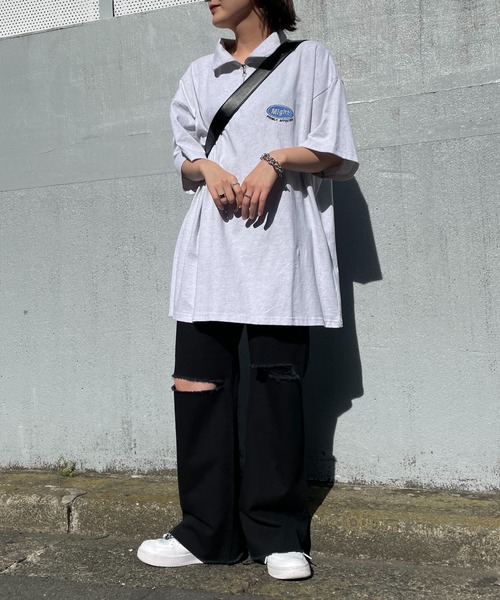 WEGO（ウィゴー）の「WEGO/刺繍ロゴハーフジップBIGT（Tシャツ/カットソー・レディース・ダークグリーン/オートミール/ライトパープル・FREE）」の4枚目の写真