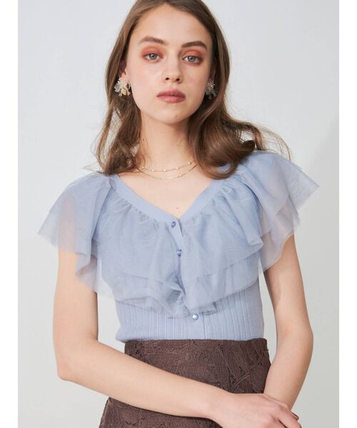 MERCURYDUO（マーキュリーデュオ）の「異素材ラッフルカーディガン（カーディガン/ボレロ・レディース・オフホワイト/ブラック/ライトブルー・FREE）」の3枚目の写真