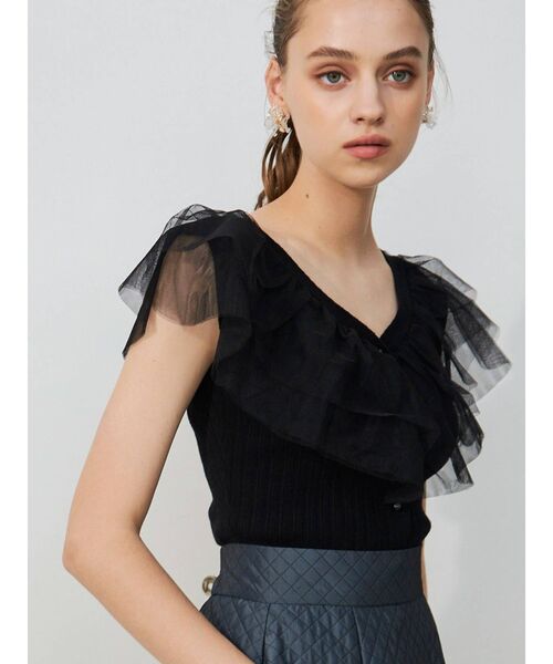 MERCURYDUO（マーキュリーデュオ）の「異素材ラッフルカーディガン（カーディガン/ボレロ・レディース・オフホワイト/ブラック/ライトブルー・FREE）」の2枚目の写真