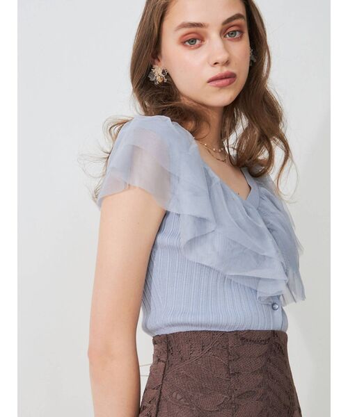 MERCURYDUO（マーキュリーデュオ）の「異素材ラッフルカーディガン（カーディガン/ボレロ・レディース・オフホワイト/ブラック/ライトブルー・FREE）」の8枚目の写真