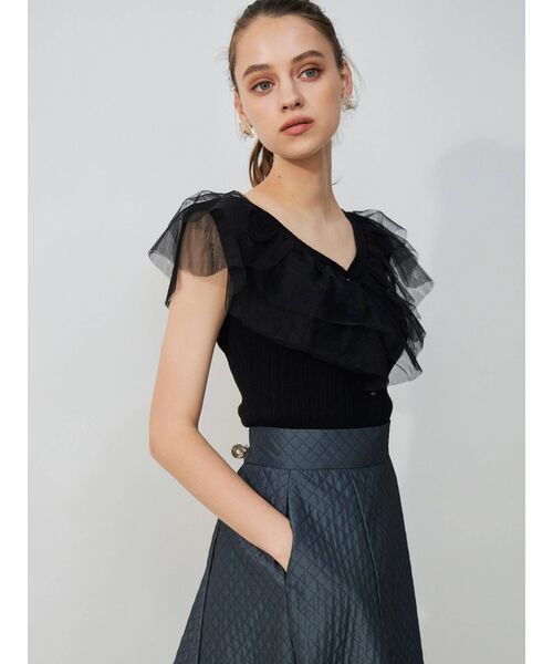 MERCURYDUO（マーキュリーデュオ）の「異素材ラッフルカーディガン（カーディガン/ボレロ・レディース・オフホワイト/ブラック/ライトブルー・FREE）」の7枚目の写真