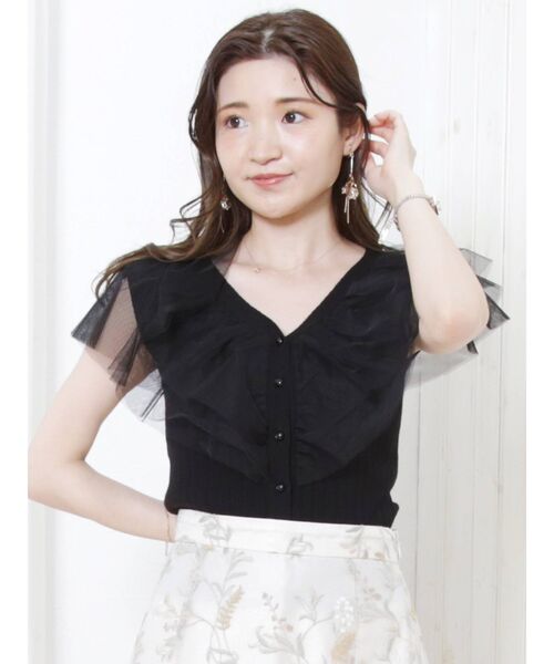 MERCURYDUO（マーキュリーデュオ）の「異素材ラッフルカーディガン（カーディガン/ボレロ・レディース・オフホワイト/ブラック/ライトブルー・FREE）」の5枚目の写真