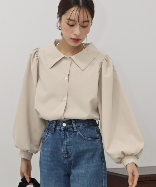 BLUEEAST（ブルーイースト）の「ボリュームスリーブストライプシャツ（シャツ/ブラウス・レディース・ネイビー/オフホワイト/ダークネイビー/ブルー/ホワイト/ベージュ/ブラック・MEDIUM）」の4枚目の写真