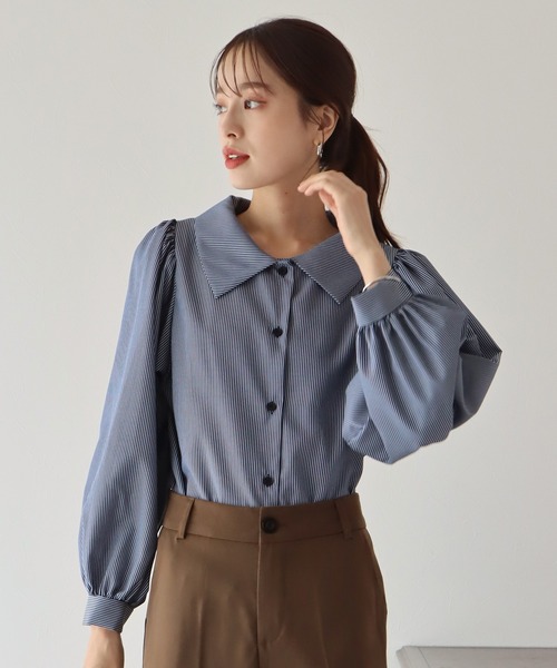 BLUEEAST（ブルーイースト）の「ボリュームスリーブストライプシャツ（シャツ/ブラウス・レディース・ネイビー/オフホワイト/ダークネイビー/ブルー/ホワイト/ベージュ/ブラック・MEDIUM）」の7枚目の写真