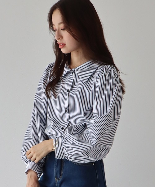 BLUEEAST（ブルーイースト）の「ボリュームスリーブストライプシャツ（シャツ/ブラウス・レディース・ネイビー/オフホワイト/ダークネイビー/ブルー/ホワイト/ベージュ/ブラック・MEDIUM）」の9枚目の写真