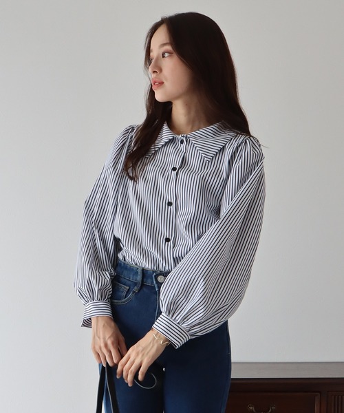 BLUEEAST（ブルーイースト）の「ボリュームスリーブストライプシャツ（シャツ/ブラウス・レディース・ネイビー/オフホワイト/ダークネイビー/ブルー/ホワイト/ベージュ/ブラック・MEDIUM）」の10枚目の写真