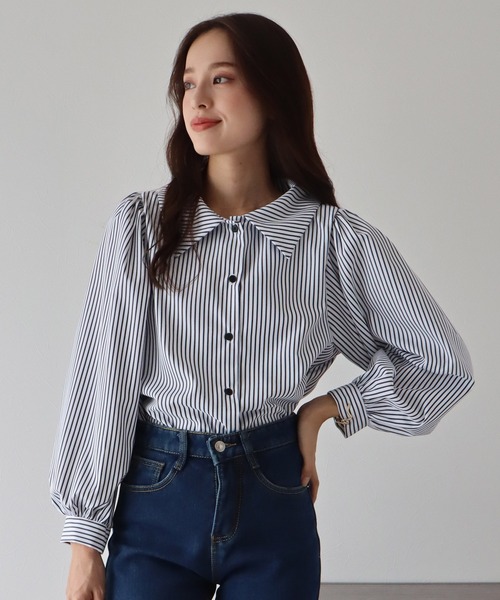 BLUEEAST（ブルーイースト）の「ボリュームスリーブストライプシャツ（シャツ/ブラウス・レディース・ネイビー/オフホワイト/ダークネイビー/ブルー/ホワイト/ベージュ/ブラック・MEDIUM）」の8枚目の写真