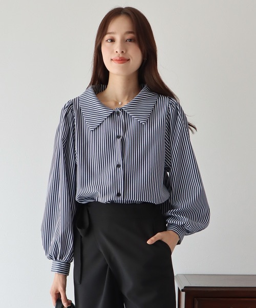 BLUEEAST（ブルーイースト）の「ボリュームスリーブストライプシャツ（シャツ/ブラウス・レディース・ネイビー/オフホワイト/ダークネイビー/ブルー/ホワイト/ベージュ/ブラック・MEDIUM）」の13枚目の写真