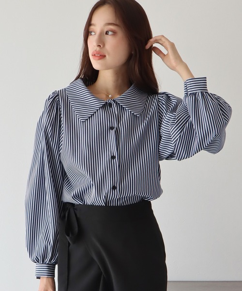 BLUEEAST（ブルーイースト）の「ボリュームスリーブストライプシャツ（シャツ/ブラウス・レディース・ネイビー/オフホワイト/ダークネイビー/ブルー/ホワイト/ベージュ/ブラック・MEDIUM）」の14枚目の写真