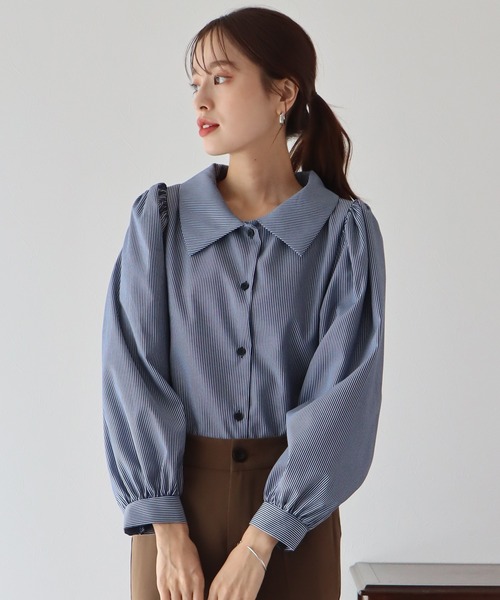 BLUEEAST（ブルーイースト）の「ボリュームスリーブストライプシャツ（シャツ/ブラウス・レディース・ネイビー/オフホワイト/ダークネイビー/ブルー/ホワイト/ベージュ/ブラック・MEDIUM）」の15枚目の写真