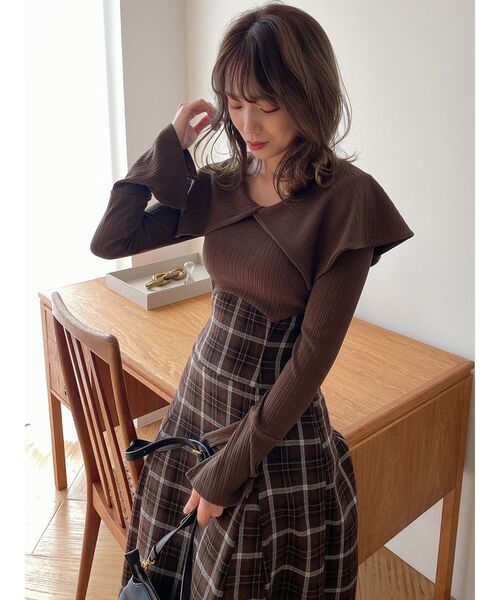 美品【ダズリン】ビッグカラーチェックコルセットワンピース　ロング丈　黒　S dazzlin ビッグカラーチェックコルセットワンピース（ブラウン