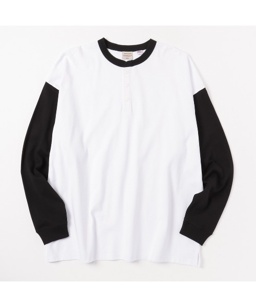 袖配色 ビッグシルエット ヘンリーネック ロングスリーブTシャツ（T