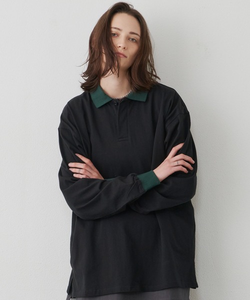 AIVER(アイバー)の「AIVER 16/-コーマ天竺L/Sリンガーポロシャツ(ポロシャツ・メンズ・ブラック/ナチュラル/チャコールグレー・SMALL/LARGE/MEDIUM)」の2枚目の写真