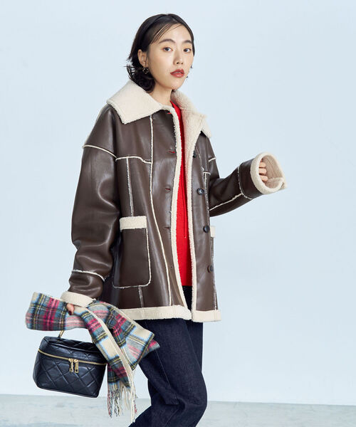 fredy emue（フレディエミュ）の「フェイクムートン ボアブルゾン（ムートンコート・レディース・ブラウン/ブラック・38）」の16枚目の写真