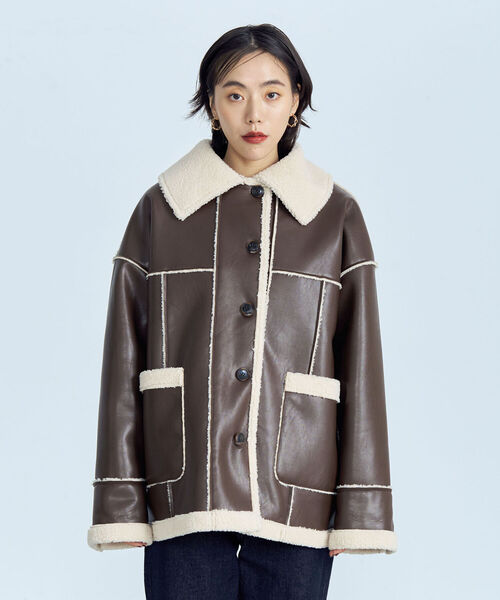 fredy emue（フレディエミュ）の「フェイクムートン ボアブルゾン（ムートンコート・レディース・ブラウン/ブラック・38）」の20枚目の写真