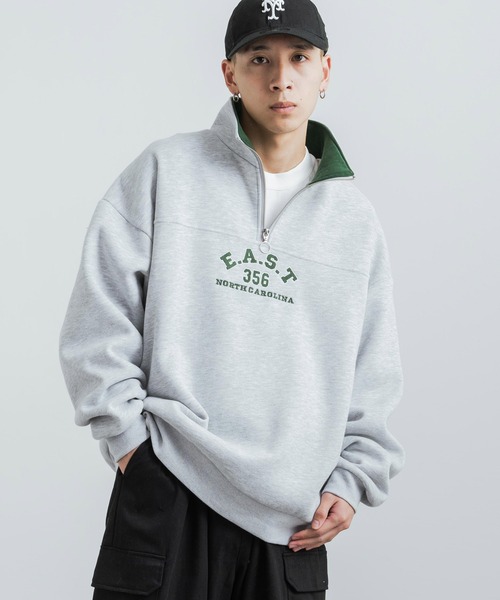 Rocky Monroe(ロッキーモンロー)の「カレッジ風ロゴ裏起毛ハーフジップ スタンドネック スウェット/オーバーサイズ トレーナー(スウェット・メンズ・グリーン/マスタード/ブラウン/グレー・L/M)」の3枚目の写真