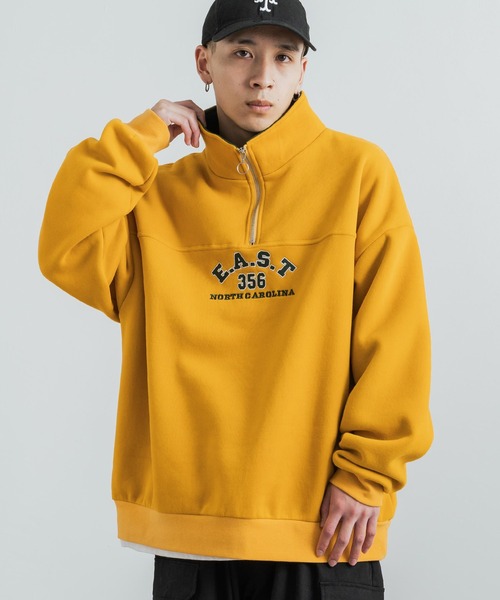 Rocky Monroe(ロッキーモンロー)の「カレッジ風ロゴ裏起毛ハーフジップ スタンドネック スウェット/オーバーサイズ トレーナー(スウェット・メンズ・グリーン/マスタード/ブラウン/グレー・L/M)」の4枚目の写真