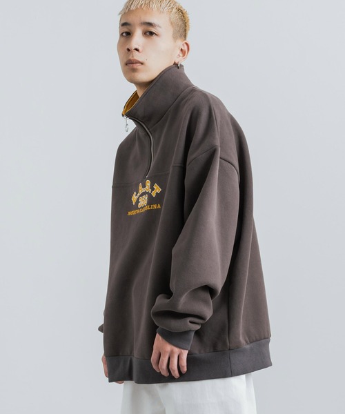 Rocky Monroe(ロッキーモンロー)の「カレッジ風ロゴ裏起毛ハーフジップ スタンドネック スウェット/オーバーサイズ トレーナー(スウェット・メンズ・グリーン/マスタード/ブラウン/グレー・L/M)」の8枚目の写真