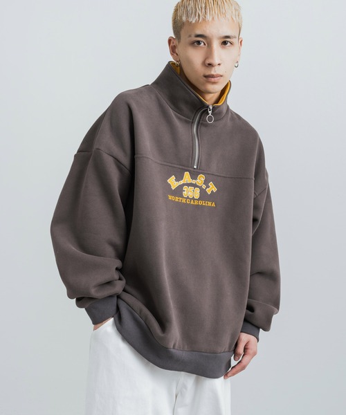 Rocky Monroe(ロッキーモンロー)の「カレッジ風ロゴ裏起毛ハーフジップ スタンドネック スウェット/オーバーサイズ トレーナー(スウェット・メンズ・グリーン/マスタード/ブラウン/グレー・L/M)」の9枚目の写真