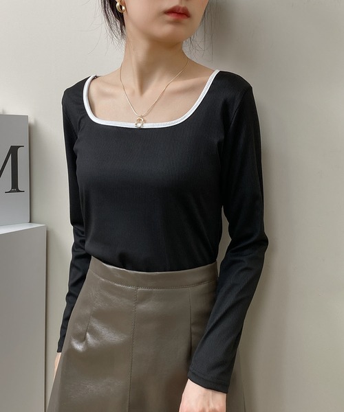 MAISON DE THERESE(メゾン ド テレーズ)の「スクエアネックニット長袖Tシャツ(Tシャツ/カットソー・レディース・ピンク/ブラック/グリーン/イエロー/グレー/ブルー・M/L)」の2枚目の写真