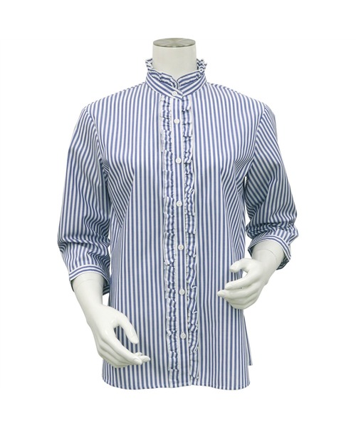 TOKYO SHIRTS（トウキョウシャツ）の「形態安定ノーアイロン スタンドミニフリル 七分袖ビジネスワイシャツ（ビジネスシャツ・レディース・ブルー・S/L/M/LL）」の4枚目の写真