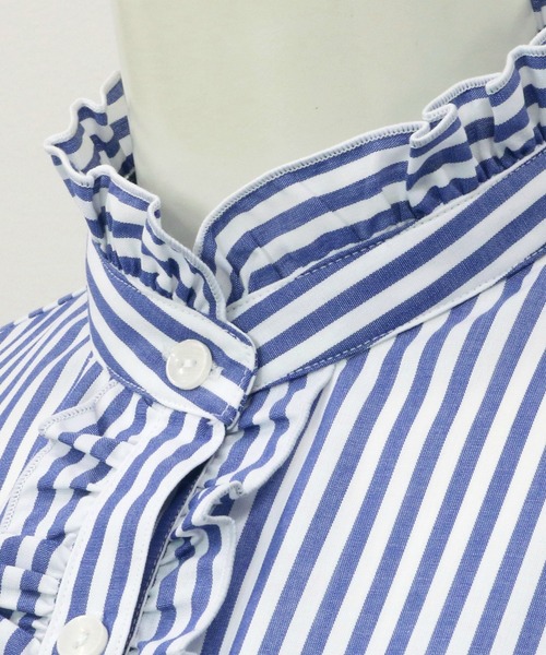 TOKYO SHIRTS（トウキョウシャツ）の「形態安定ノーアイロン スタンドミニフリル 七分袖ビジネスワイシャツ（ビジネスシャツ・レディース・ブルー・S/L/M/LL）」の3枚目の写真