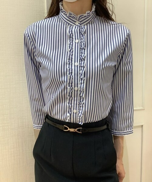 TOKYO SHIRTS（トウキョウシャツ）の「形態安定ノーアイロン スタンドミニフリル 七分袖ビジネスワイシャツ（ビジネスシャツ・レディース・ブルー・S/L/M/LL）」の6枚目の写真