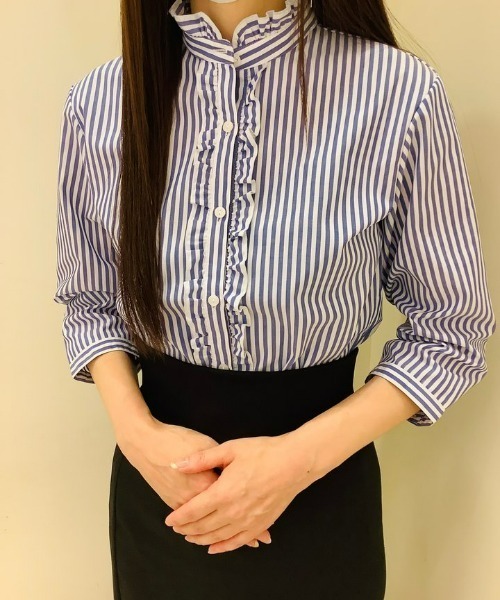 TOKYO SHIRTS（トウキョウシャツ）の「形態安定ノーアイロン スタンドミニフリル 七分袖ビジネスワイシャツ（ビジネスシャツ・レディース・ブルー・S/L/M/LL）」の12枚目の写真