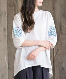 刺繍スリーブ7分袖カットプルオーバー
