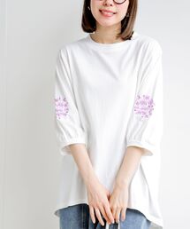 刺繍スリーブ7分袖カットプルオーバー