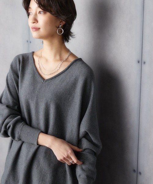 Soiunique（スワユニーク）の「綿１００％ゆったりVネックニット ［Soiunique］（ニット/セーター・レディース・杢グレー/ブラック/ダークグリーン・M/L/LL）」の12枚目の写真