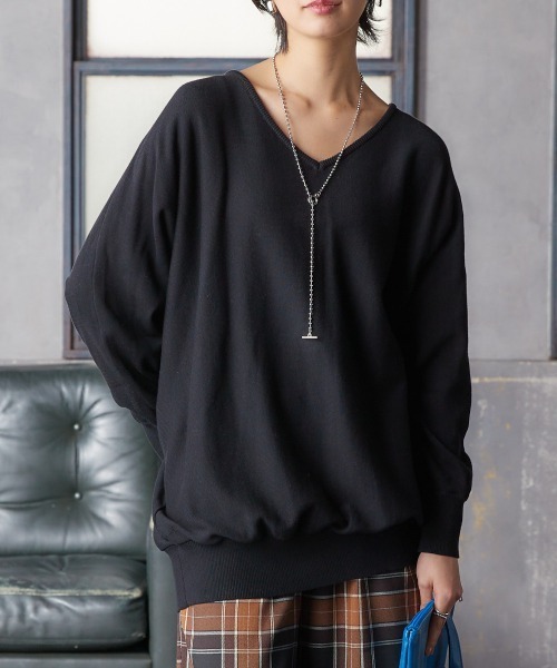 Soiunique（スワユニーク）の「綿１００％ゆったりVネックニット ［Soiunique］（ニット/セーター・レディース・杢グレー/ブラック/ダークグリーン・M/L/LL）」の5枚目の写真