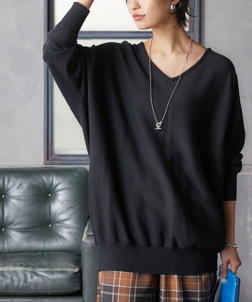 Soiunique（スワユニーク）の「綿１００％ゆったりVネックニット ［Soiunique］（ニット/セーター・レディース・杢グレー/ブラック/ダークグリーン・M/L/LL）」の6枚目の写真