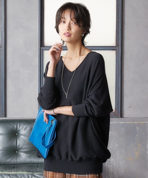 Soiunique（スワユニーク）の「綿１００％ゆったりVネックニット ［Soiunique］（ニット/セーター・レディース・杢グレー/ブラック/ダークグリーン・M/L/LL）」の9枚目の写真