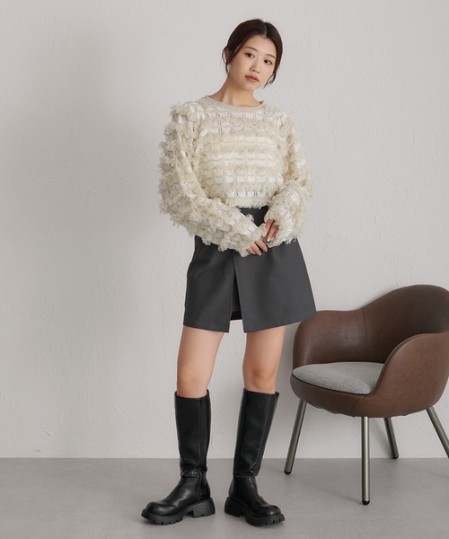 soie by apres jour mignon（ソワバイアプレジュールミニョン）の「【soie by apres jour mignon】透かし編みフリンジニット【ZOZOTOWN限定アイテム】（ニット/セーター・レディース・アイボリー/チャコールグレー・フリー）」の4枚目の写真