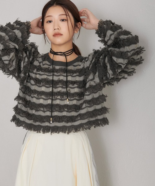 soie by apres jour mignon（ソワバイアプレジュールミニョン）の「【soie by apres jour mignon】透かし編みフリンジニット【ZOZOTOWN限定アイテム】（ニット/セーター・レディース・アイボリー/チャコールグレー・フリー）」の8枚目の写真