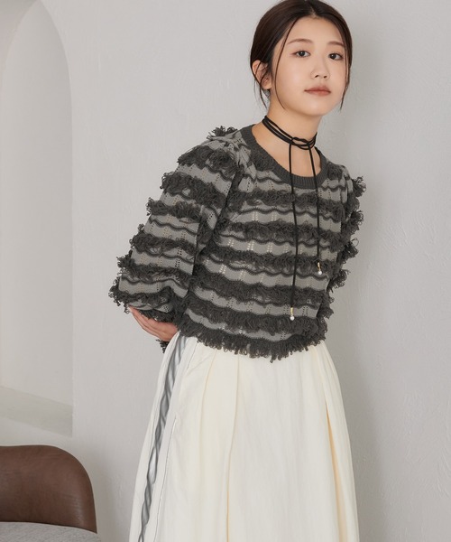 soie by apres jour mignon（ソワバイアプレジュールミニョン）の「【soie by apres jour mignon】透かし編みフリンジニット【ZOZOTOWN限定アイテム】（ニット/セーター・レディース・アイボリー/チャコールグレー・フリー）」の7枚目の写真